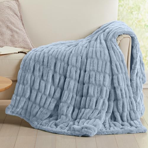 Powder Blue Micro Plush Throw Blanket - Thick Faux Fur, 50x60 Inches