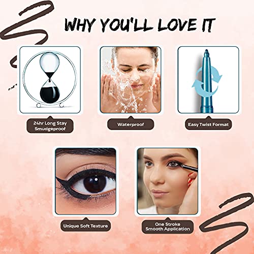 FACESCANADA Twist Eye Liner, 4 Bright Shades, 24 Hrs Long Stay, Waterproof, Smudgeproof, Fade Proof, With Soft Carnauba Wax, Silver, Brown, Blue, Plum, Intense Color In One Stroke, Brown, 2.29 Oz