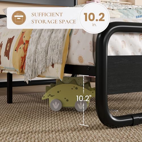 Black Twin Size Metal Bed Frame with Wooden Headboard - SHA CERLIN