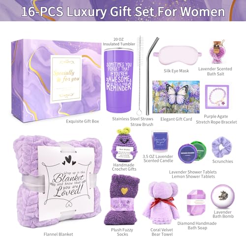 Lavender Spa Gift Set for Women - 16-Piece Relaxation Self-Care Gift Basket