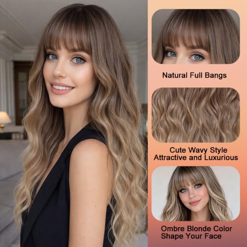 Long Blonde Wavy Wig with Bangs - 26 Inch Ombre Highlights for Women