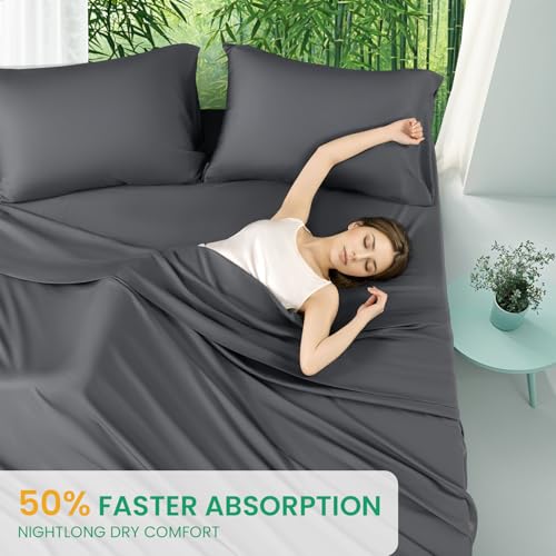 Queen Size Bamboo Viscose Bed Sheets Set - Dark Grey, 4PC, Deep Pocket