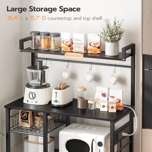 HOOBRO Black Bakers Rack with Power Outlets, Coffee Bar & Mesh Basket