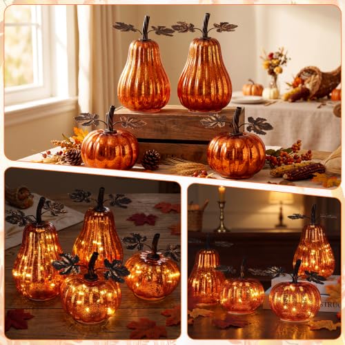 Lighted Glass Pumpkin Decor Set - Fall Thanksgiving Halloween Orange 4 Pcs