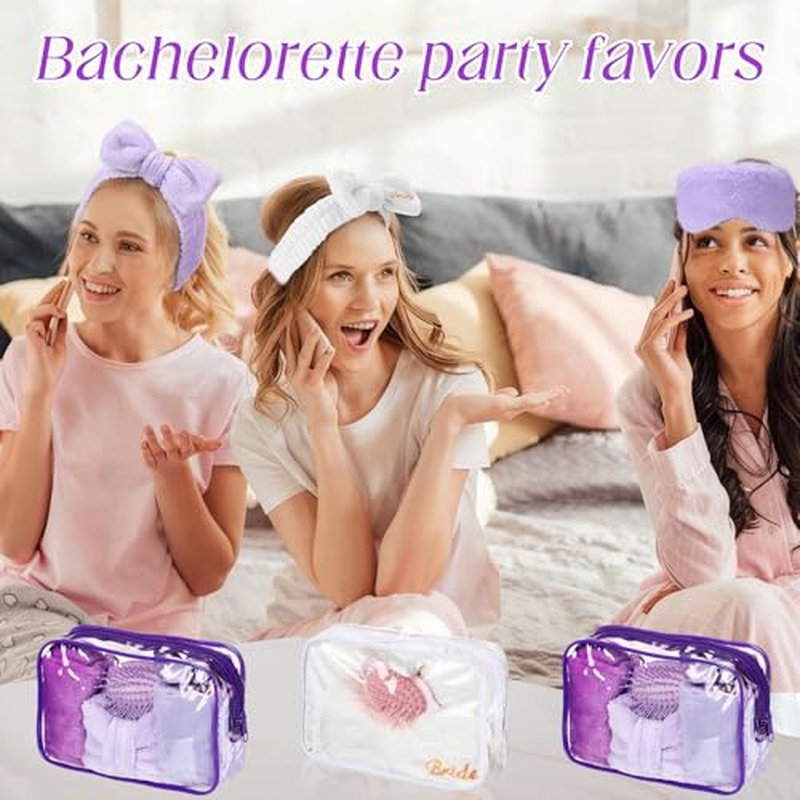 48 Pcs Bridesmaid Proposal Gifts Set Include Headband Scrunchies Hair Sleep Eye Mask Hairbrush Makeup Remover Cloth and Makeup Bag for Bridal Shower Party Bridesmaid Wedding(White,Purple)