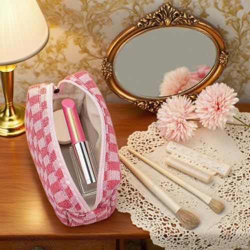 Pink Checkered Makeup Bags Set - 6 Pack Gift for Women, Bridesmaids & Teachers
