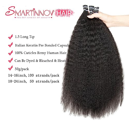 16 Inch Curly I Tip Human Hair Extensions - Pre Bonded Micro Beads, 50g, Kinky Straight Remy Hair for Women - Variation #1B-KS