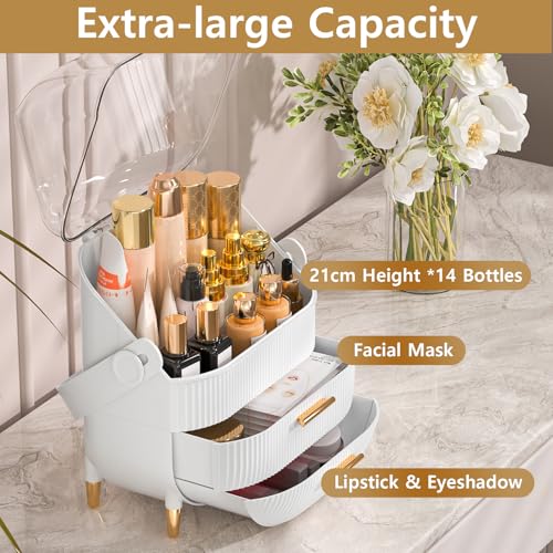 Makeup Organizer Skincare Organizers - Cosmetic Display Cases with Transparent Cover, SkinCare Organizers for Bathroom Countertop, Bedroom Vanity Desk, Lipstick Organizer, White