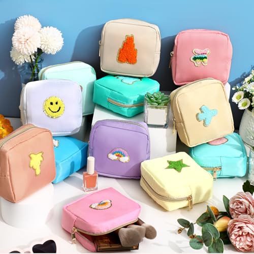 Sumind 12 Pcs Christmas Preppy Patch Makeup Bag Bulk Cute Mini Pouch Bag Gift Nylon Travel Cosmetic Toiletry Portable Organizer Storage Purse Small Zipper Pouch Daily Use Storage Purse for Women