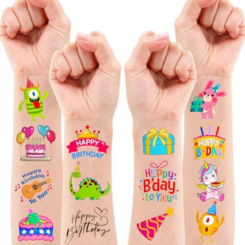Happy Birthday Temporary Tattoos - 96 PCS Fun Cute Cartoon Themed Stickers for Kids Birthday Party Supplies Decorations Favors and Prizes - Cute Gifts for kids & teens Gifts Teacher Classroom School