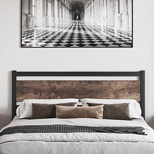 King Wooden Headboard with Metal Slats - Rustic Industrial Style, Easy Assembly