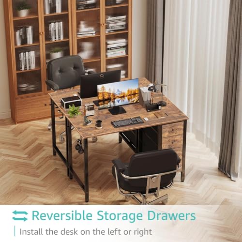 Lufeiya 39.4-Inch Rustic Brown Small Computer Desk with 4 Fabric Drawers, Reversible Kids & Home Office Workspace