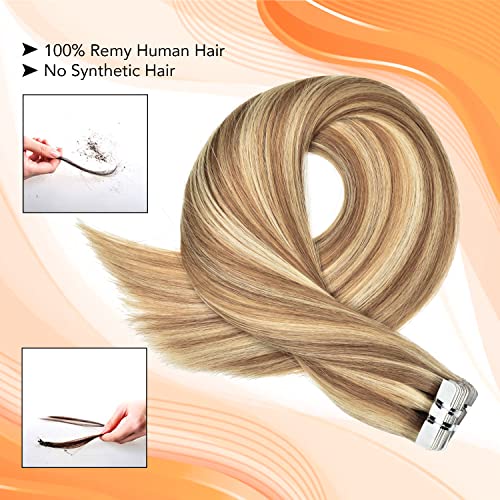 Tape In Hair Extensions Straight Skin Weft 14 Inch - Camel Brown Mix with Blonde - 20 Pieces