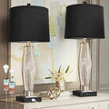 Black QiMH Set of 2 Glass Table Lamps with USB Charging Ports, Modern Nightstand Lights