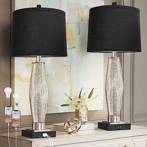 Black QiMH Set of 2 Glass Table Lamps with USB Charging Ports, Modern Nightstand Lights