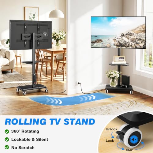 Rfiver Black Rolling TV Stand for 32-65 Inch TVs with Power Outlet & Swivel
