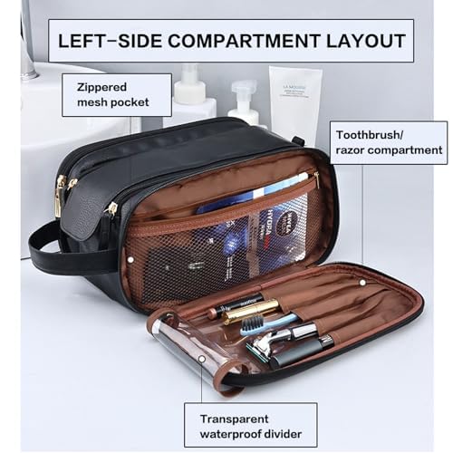 Large Travel Toiletry Bag for Men, Water-Resistant PU Leather Dopp Kit, Multi-Compartment Organizer, Large Capacity Cosmetic & Accessories Bag, Men's Grooming Kit, Waterproof Toiletries Case