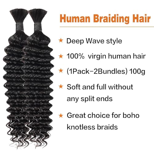 DB #1B Human Hair Extensions 18 Inch Deep Curly Wave Bundle for Braiding - Black