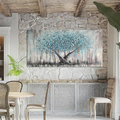 Blue Tree Wall Art Canvas - 48x24-Inch Tree of Life Nature Painting, Textured Modern Artwork - Bedroom & Living Room Decor Variation of THIS listing