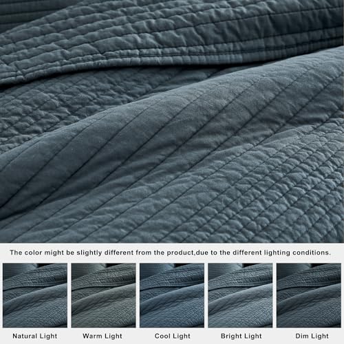 Palassio Blue Grey Striped Cotton Quilt Set California King Bedding with 2 Shams