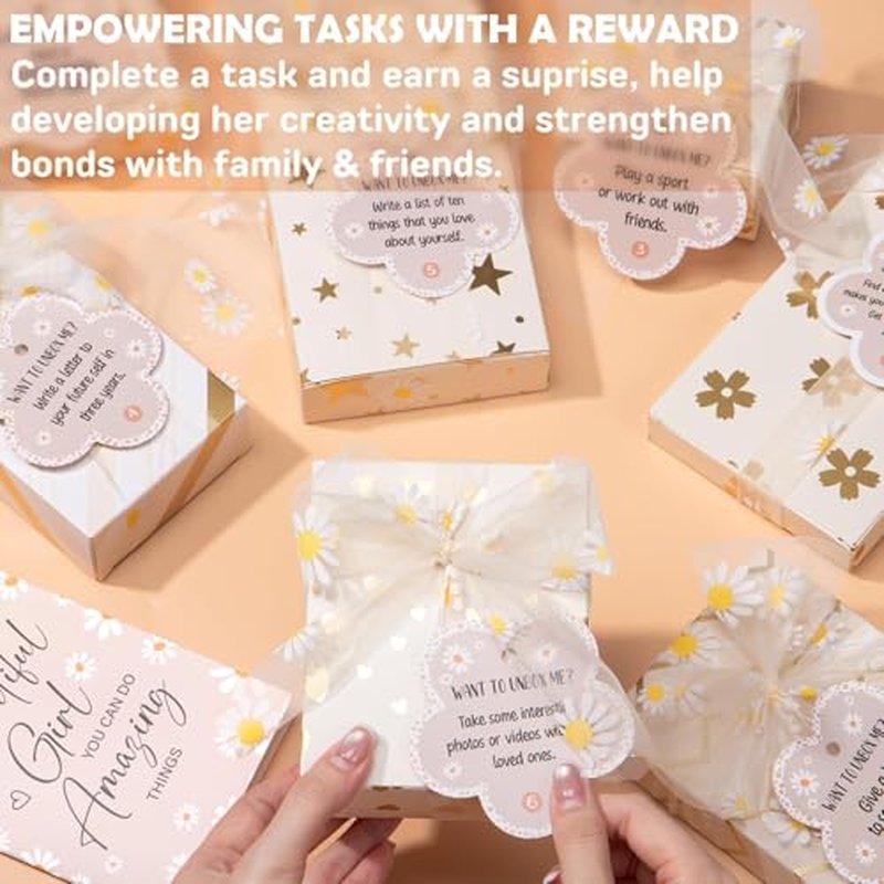 Christmas Gifts for Tween & Teen Girls - 8 PCS Birthday Gifts Basket Teen Girls Trendy Stuff w/ Fun Task Tags Make up Brushes & Bag, Empower Advent Calendar Wrapped Gifts Box for Daughter Niece Sister