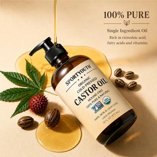 SPORTYOUTH USDA Organic Castor Oil 16oz Dark Glass Bottle with Pump - Cold Pressed & Pure