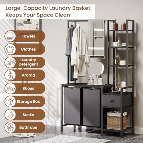 Laundry Hamper with Shelf & Removable Bags - Tall 5-Tier Clothes Organizer - Black