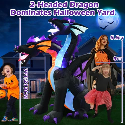 7FT Halloween Inflatable Dragon Decoration - Purple Two-Headed Outdoor Blowup