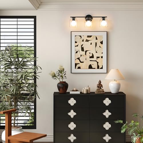 WOSHITU Matte Black Bathroom Vanity Light Fixture - 23.3 Inch 3-Light Over Mirror with Clear Glass Shade