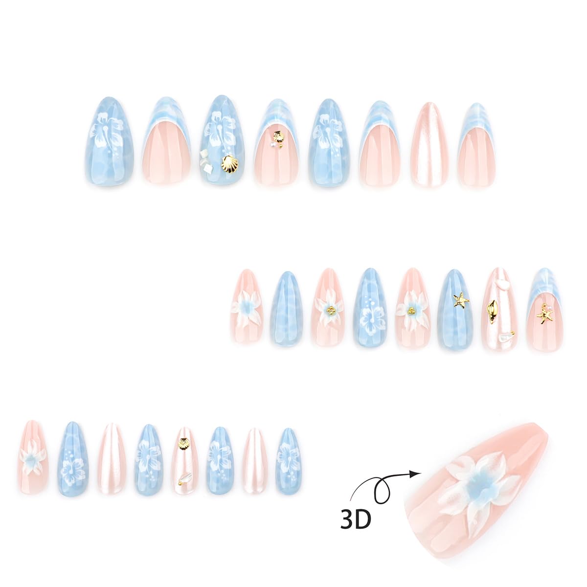 24Pcs Almond Press on Nails Medium Summer Sea Fake Nails 3D Shell Starfish Pearl Gems Designs Blue Wave Acrylic Nails Full Cover Flower Glue on Nails Ocean Theme Nail Art Decoration for Women
