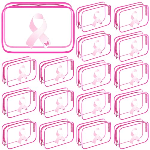Breast Cancer Awareness Makeup Bag Set - 20 Clear Pink Ribbon Bags for Gifts & Travel