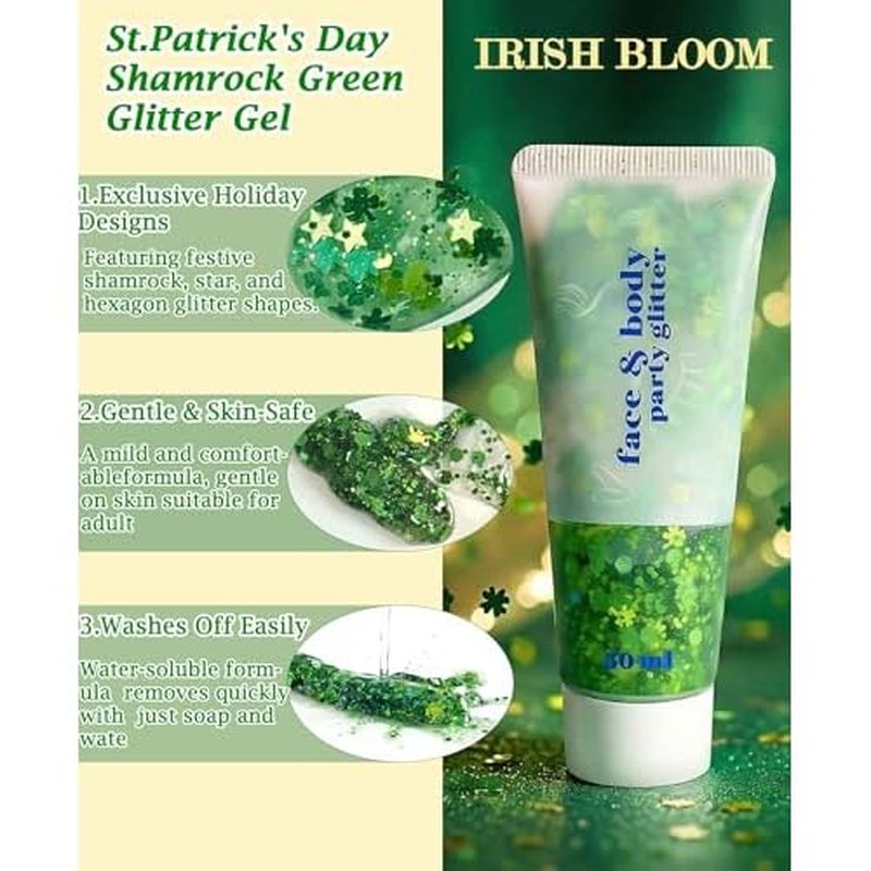 117 Pcs St. Patrick's Day Accessories Kit , Custom Shamrock Green Glitter Gel, Necklaces, Headbands, Shamrock Eyeglasses, Bracelets ,Tattoo Stickers, Irish Party Favors Festival Decorations