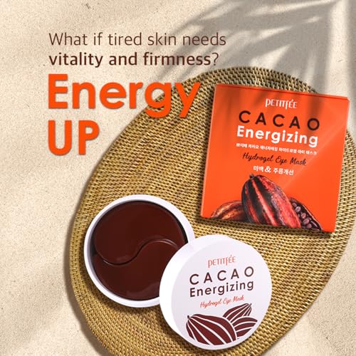 Petitfee Cacao Energizing Hydrogel Eye Mask 60ea (30pairs) - Nourishing Eye Patch with Cacao Seed Butter, Brazil Nut, Pine Nut, Macadamia, Revitalizes Under Eyes, Cooling, Firming, Hydrating Eye Care