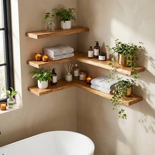 Natural Live Edge Floating Shelves Set of 2 - 24 Inch Rustic Elm Wall Shelves