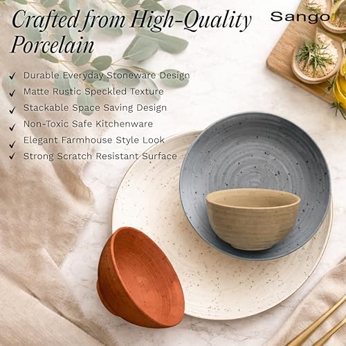 Sango Siterra Rustic Mix 16-Piece Stoneware Dinnerware Set for 4 - Chip-Resistant, Food Safe