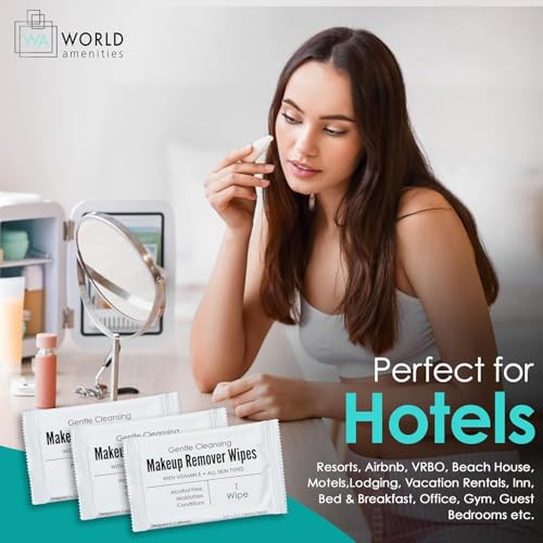 World Amenities - Makeup Remover Wipes - Alcohol Free - Vitamin E Face Wipes for Sensitive Skin Comfort - Individually Wrapped - Travel Friendly Facial Cleansing Wipes - 500 Count