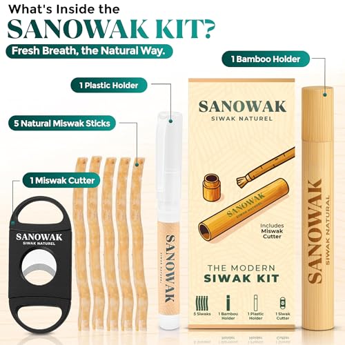 Premium Miswak Set with 5 Organic Sticks, Bamboo & Plastic Holders, Cutter – Eco Friendly Herbal Toothbrush Alternative