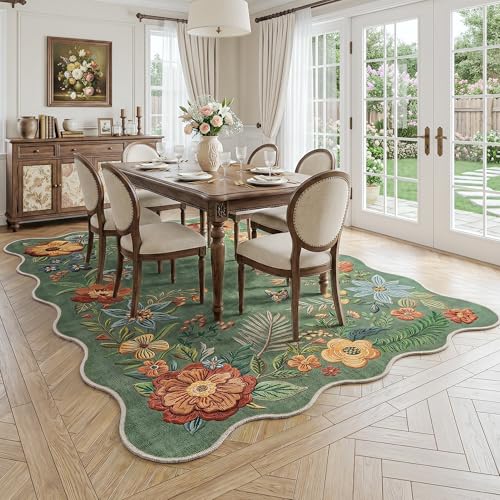 6x9 Washable Sage Green Floral Area Rug - Embroidery-Inspired Vintage Design