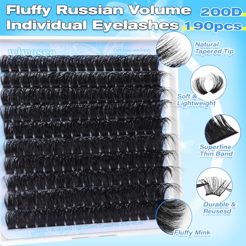 wiwoseo 200D Long Lash Clusters Lashes Clusters Thick Volume Eyelash Clusters 14-20MM Cluster Eyelash Extensions Russian Individual Lashes for Beginners DIY at Home Cluster Lashes
