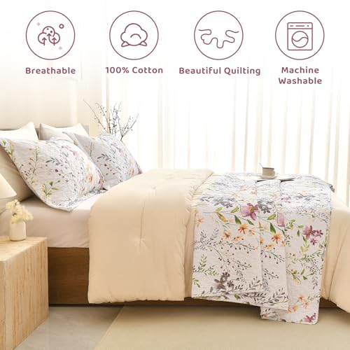 Sanracie Floral B Queen Size Cotton Quilt Set 90x98 - Summer Lightweight Bedding