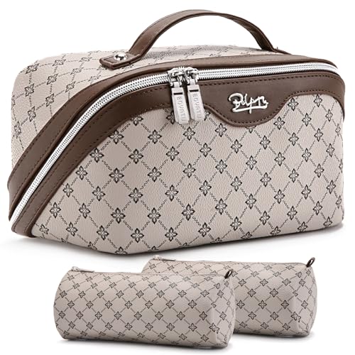 BOYATU Khaki 3-Piece Travel Makeup Bag Set with Large Compartments