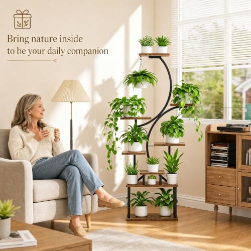 8-Tier Indoor Plant Stand with Grow Lights - Tall S-Shaped Corner Shelf - Brown - 62"