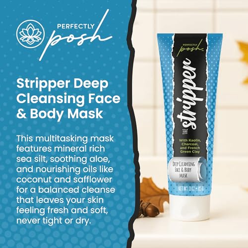Perfectly Posh - Stripper Deep Cleansing Face & Body Mask - Clarifying Clay Mask with Charcoal, Kaolin and French Green Clay - 85grams