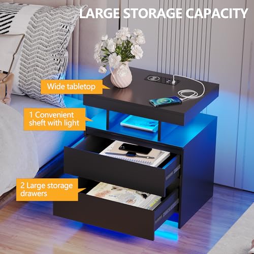 dnbss LED Nightstand with Charging Station & Dimmer, Black Variation