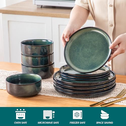 Vancasso Starry Green 12-Piece Dinnerware Set for 4 - Ceramic Plates & Bowls