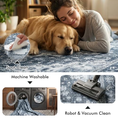 Blue Washable 8x10 Area Rug for Living Room Non-Slip Vintage Boho Style