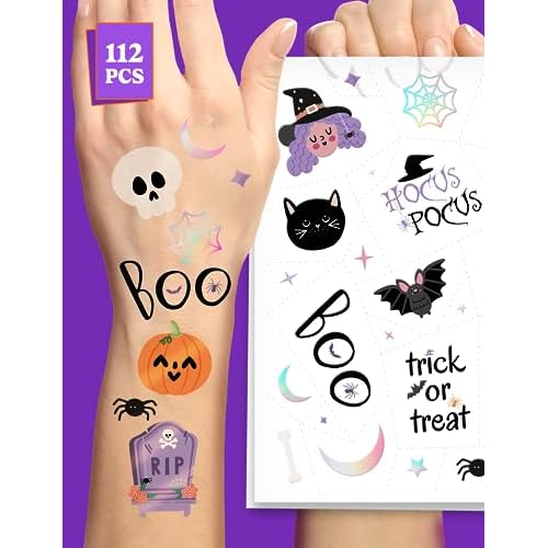 HOUSE OF PARTY Halloween Temporary Tattoos for Kids - 112 PCS Hocus Pocus Stickers, Bat Tattoos, Skull Stickers, Witch Tattoos, Spider Webs - Ideal for Hocus Pocus Party Favors and Decorations!