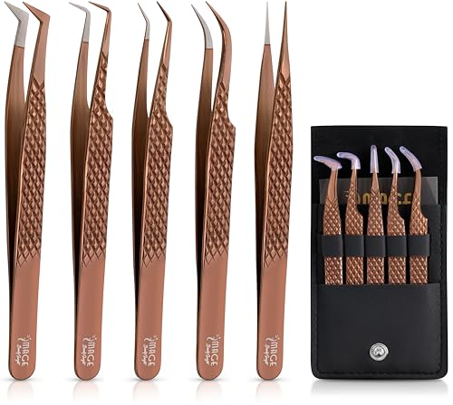 Rose Gold Fiber Tip Eyelash Extension Tweezers 5 Pcs Set with Leather Case