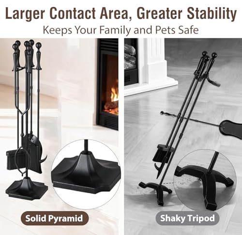 AMAGABELI Fireplace Tools Set 5 Pieces with Pyramid Base Black - 31 Inch Wrought Iron Fireplace Accessories