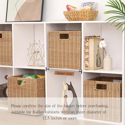 12x12 Inch Plastic Wicker Cube Baskets - Foldable Storage Bins, Khaki, 4 Pack